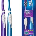 BrightWorks Sonic Battery Powered Toothbrush (2-Pack) (Blue/Purple) Soft Multi-Level Bristles for Whole Mouth, Vibrating Bristles Deep Clean, with Whitening Pads and Tongue Cleaner.