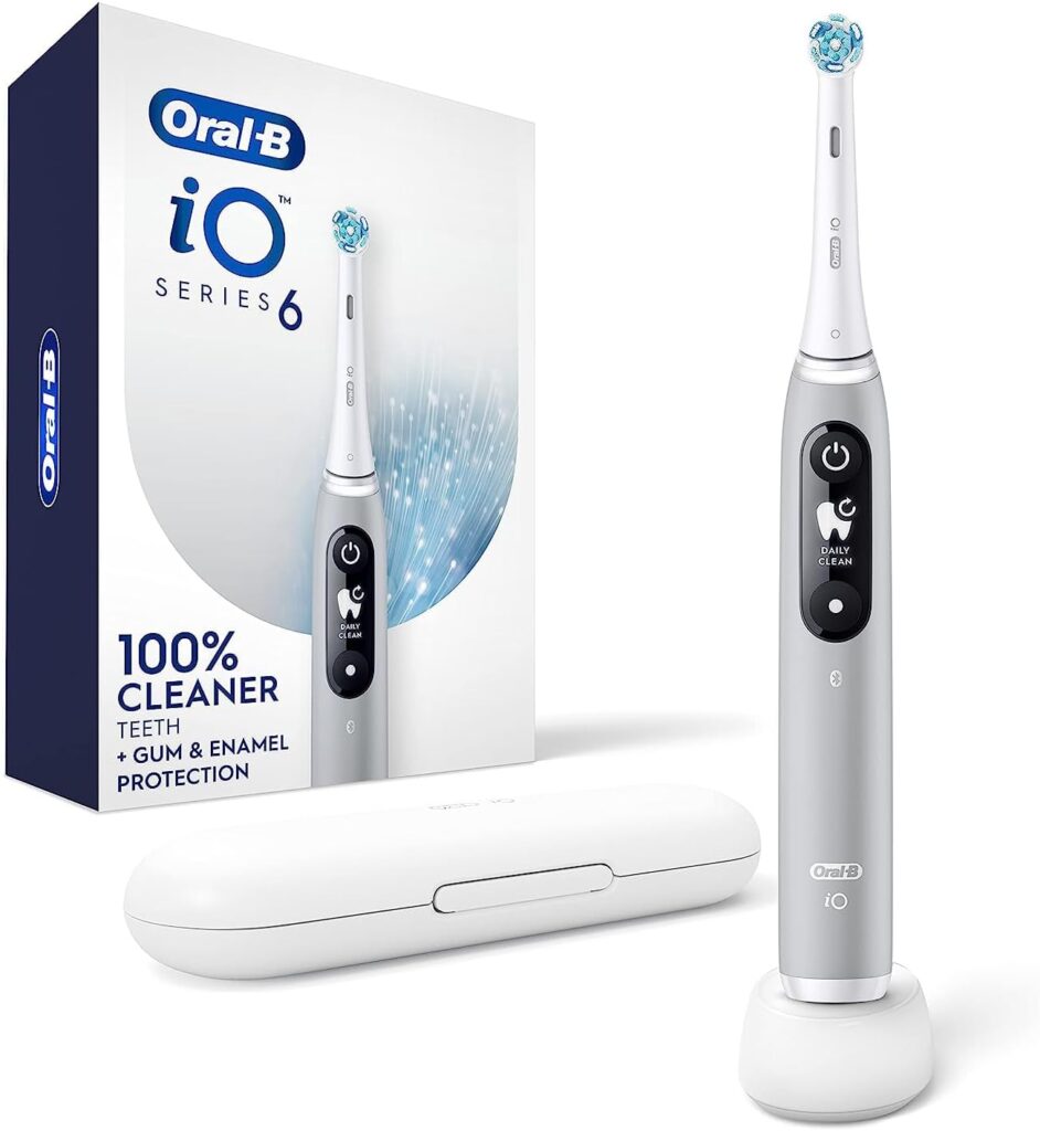 Oral-B iO Series 6 Rechargeable Electric Toothbrush with Visible Pressure Sensor to Protect Gums, 2 Minute Timer, 5 Cleaning Settings, 1 Replacement Toothbrush Head, and Travel Case, Grey Opal
