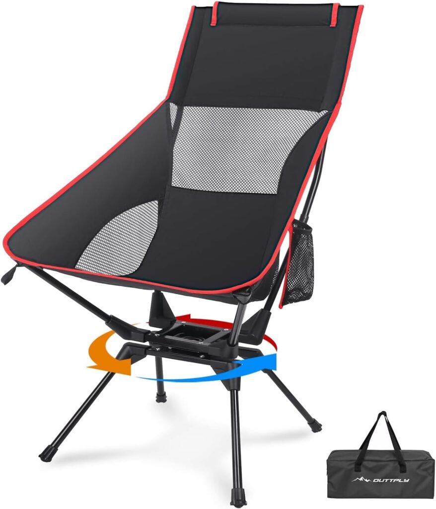 Swivel Camping Chair, High Back Folding Chair with Head Support, Side Cup Pocket, Stable Portable Outdoor Chair for Camp, Travel, Beach, Party, Fishing, Hiking, Backpacking, Black Red