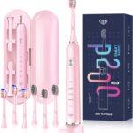 JTF Sonic Electric Toothbrush – with Travel Case and 6 Brush Heads, Fast Charging toothbrushes for 60 Days Long Lasting, 5 Modes Power Toothbrush for Women, Pink