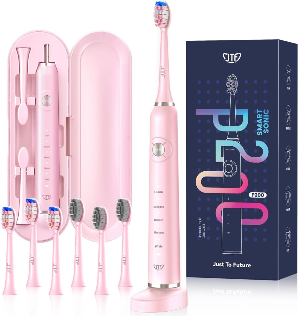 JTF Sonic Electric Toothbrush – with Travel Case and 6 Brush Heads, Fast Charging toothbrushes for 60 Days Long Lasting, 5 Modes Power Toothbrush for Women, Pink