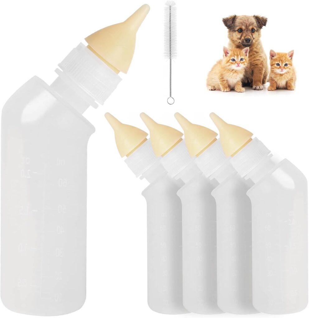 Pack of 5 Reusable Pet Nursing Bottles with Short Silicone Nipples – Curved Feeding Bottles for Newborn Kittens, Puppies, Rabbits, Cats, Dogs – Ideal Bottle Kit for Small Animal Feeding