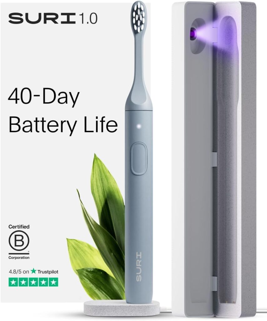 SURI 1.0 Sonic Electric Toothbrush with UV Cleaning Travel Case | 40+Day Battery | Designed in California | Electric Toothbrush for Adults | Travel Toothbrushes | Tooth Brush | Blue
