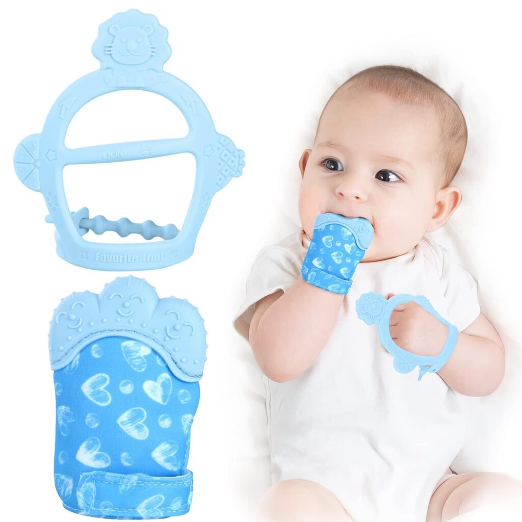 Vicloon Silicone Teething Mitt, 2Pcs Baby Teething Mitten with Adjustable Strap, Crinkle Sound and Textured, Self Soothing Baby Chew Toys for 0-6month Infants