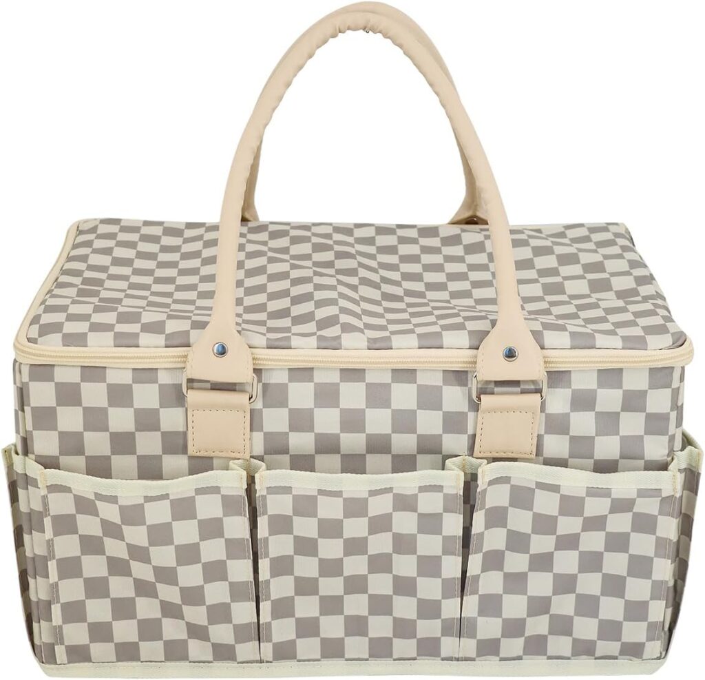 Baby Diaper Caddy Organizer with Lid – Large Checkered Nursery Basket, Portable Storage for Car, Picnic & Home – Stylish, Durable Handles – Mom Loved Nursery Organizer (Cream Gray)
