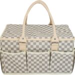 Baby Diaper Caddy Organizer with Lid – Large Checkered Nursery Basket, Portable Storage for Car, Picnic & Home – Stylish, Durable Handles – Mom Loved Nursery Organizer (Cream Gray)