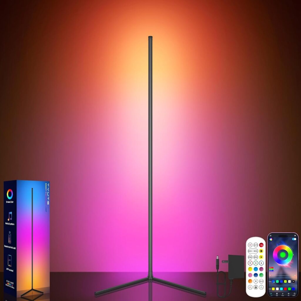 Corner Lamp, Led Floor Lamp, RGB Ambient Lighting, Smart Modern Floor Lamp with Remote, Color Changing Dimmable Corner Light with Music Sync, Mood Lighting for Bedroom, Living Room Gaming Room