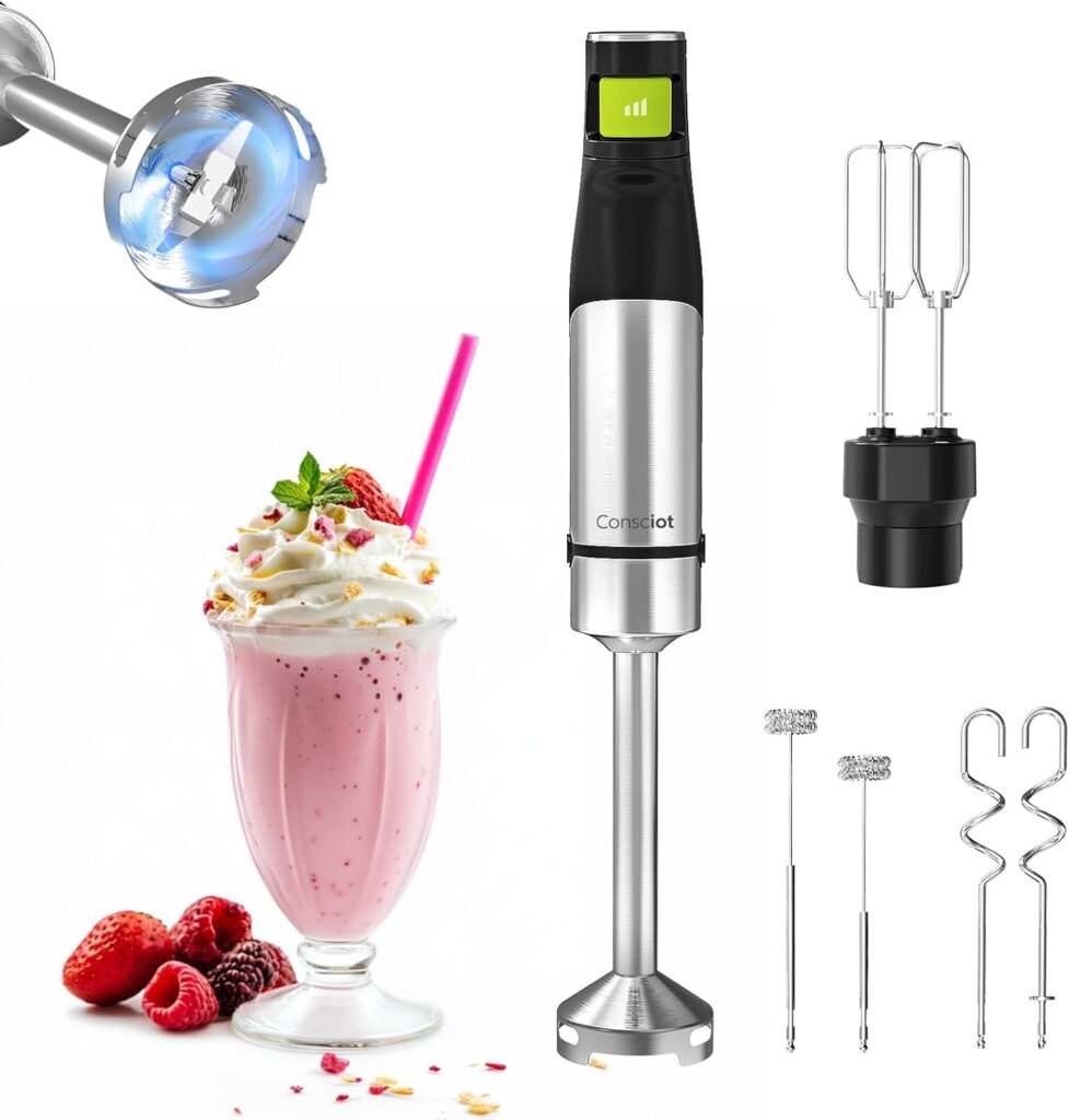Consciot 4-in-1 Immersion Blender Handheld Max 1100W, Corded Stick Emulsifier with Entire Stainless Steel Blender Shaft, Trigger Speed Control, For Blending, Beating, Frothing, Mixing & More, Non-BPA