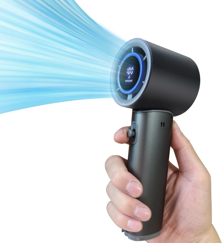 Portable Handheld Fan – 100 Speed Adjustable Turbo Mini Fan, 5000mAh Rechargeable Battery, Metal Body & Digital Display, Personal Desk Fan for Travel, Camping, Office, Outdoor – Grey