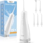 Mornwell Water Dental Flosser Cordless for Teeth Cleaning, 5 Modes Waterproof Oral Irrigator, 300ML Rechargeable Gum Braces Flossers Cleaner, Portable Electric Flossing Machine for Travel Home (White)