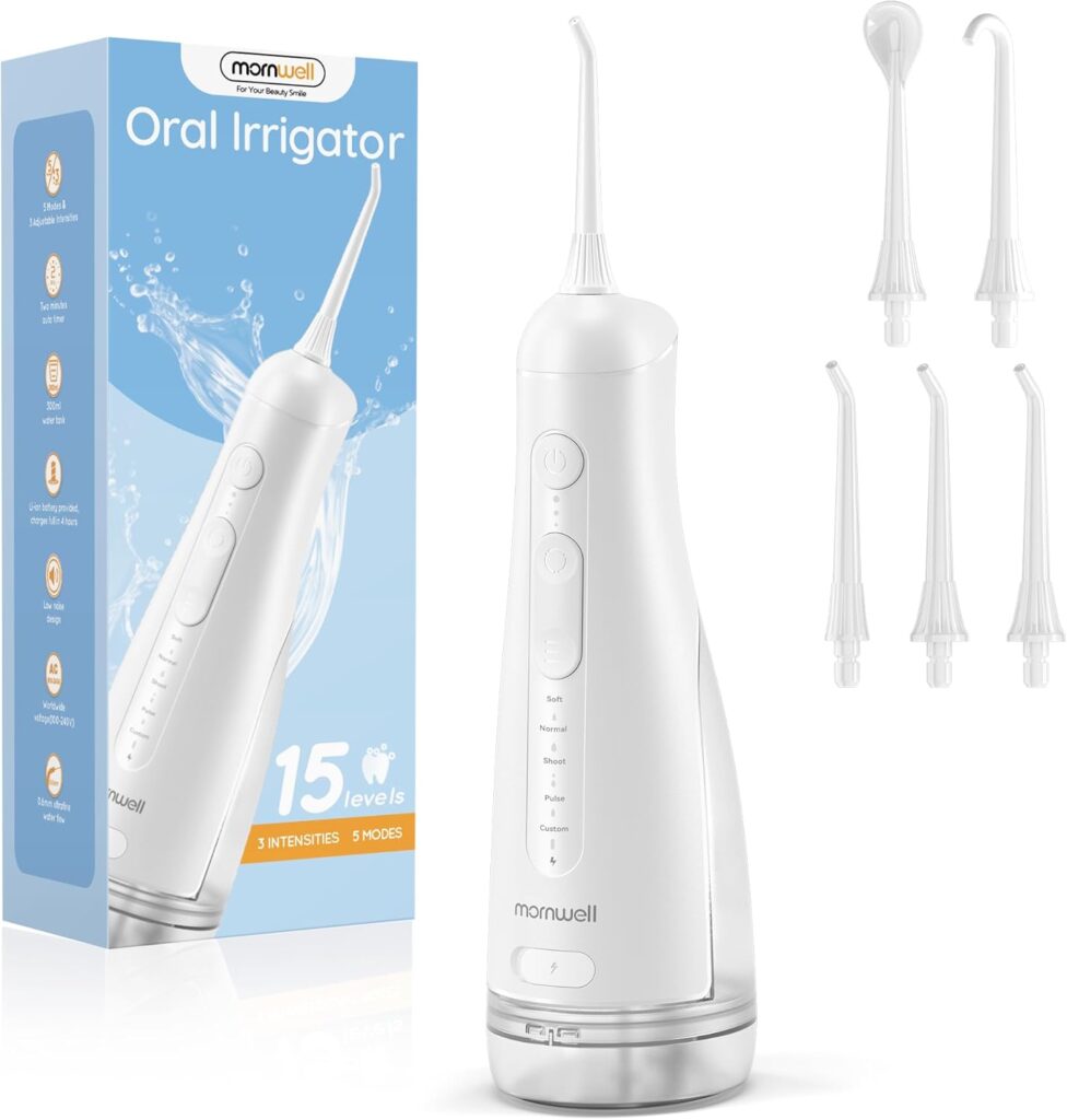 Mornwell Water Dental Flosser Cordless for Teeth Cleaning, 5 Modes Waterproof Oral Irrigator, 300ML Rechargeable Gum Braces Flossers Cleaner, Portable Electric Flossing Machine for Travel Home (White)