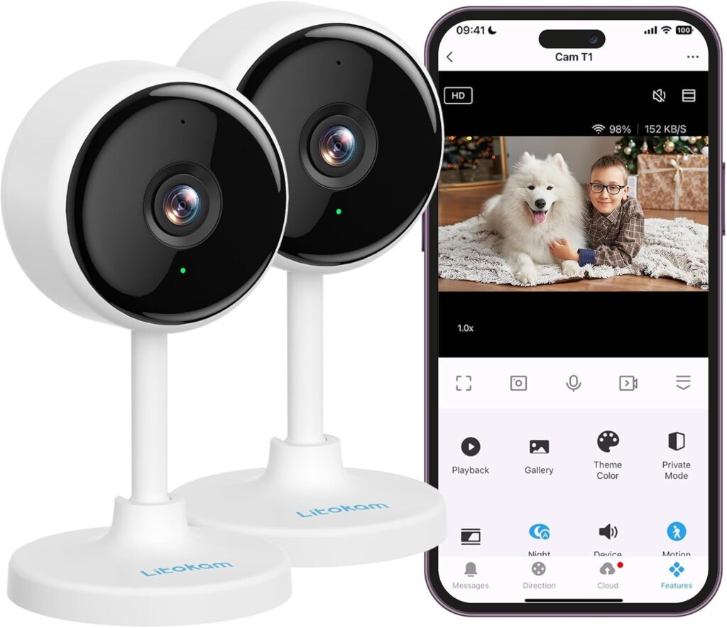 litokam Indoor Cameras for Home Security with Night Vision, Pet Camera with Phone App, 2K Indoor Security Cam, Motion Detection, 2-Way Audio, WiFi Home Camara, Baby Monitor Work with Alexa