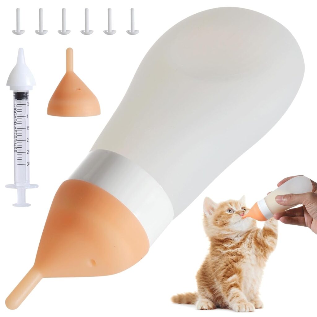 Kitten Bottle Feeding Kit, Soft Silicone Squeezable Puppy Bottles for Adjustable Milk Flow with Replacement Nipple & Syringe, Newborn Puppy & Kitten Milk Feeder(White, 3.2fl oz)