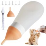 Kitten Bottle Feeding Kit, Soft Silicone Squeezable Puppy Bottles for Adjustable Milk Flow with Replacement Nipple & Syringe, Newborn Puppy & Kitten Milk Feeder(White, 3.2fl oz)
