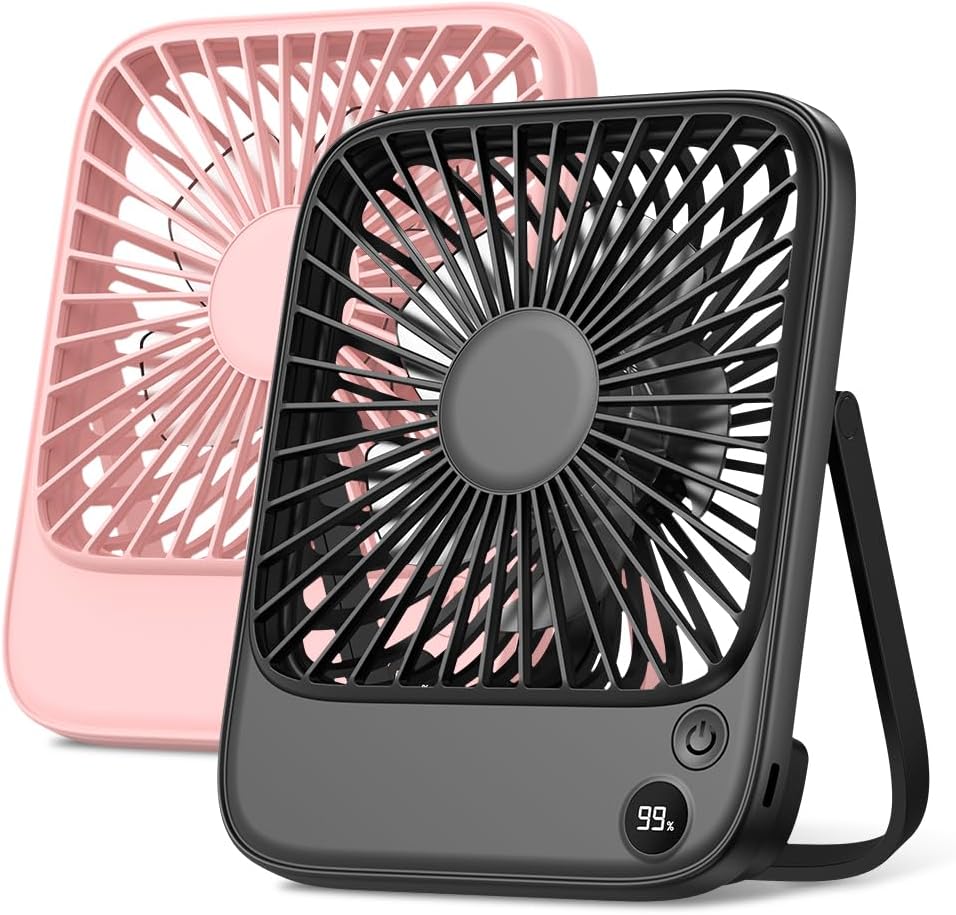 TOPK 2 Pack 5000mAh Portable Desk Fan, Ultra-thin Strong Wind Digital Display 4 Speeds Adjustable Small Quiet Battery Powered Personal Travel Fan for Bedroom, Office, Cruise, Library, Outdoor
