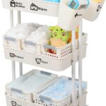 Baby Diaper Caddy Organizer Cart, 3-Tier Sturdy Movable Rolling Cart with Baskets and Hanging Cups, Large Capacity Newborn Nursery Essentials Diaper Storage for Changing Table & Crib, Easy to Assemble