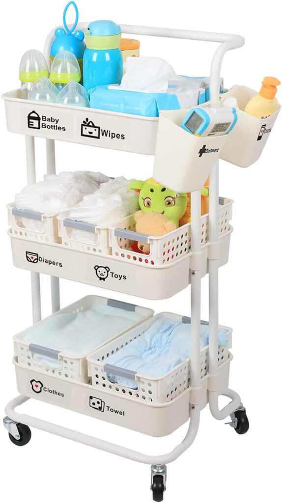Baby Diaper Caddy Organizer Cart, 3-Tier Sturdy Movable Rolling Cart with Baskets and Hanging Cups, Large Capacity Newborn Nursery Essentials Diaper Storage for Changing Table & Crib, Easy to Assemble