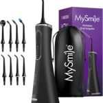 MySmile LP211 Cordless Water Flossers, Portable Rechargeable Oral Irrigator for Teeth Cleaning, 5 Cleaning Modes, IPX7 Waterproof, 8 Replacement Tips and a Storage Pouch (Midnight Black)