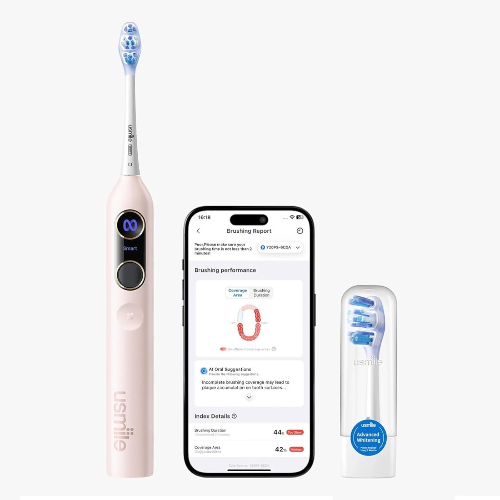usmile Y20PRO Electric Toothbrush, AI-Powered Smart Toothbrush with AM/PM Auto Mode, 4 Brushing Modes, 90-Day Battery, App Control, Real-Time 3D Map, 2 Brush Heads Included(Sakura Pink)