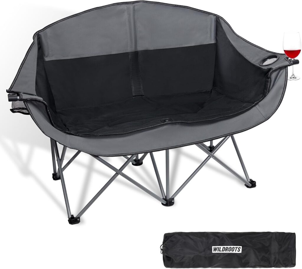 WILDROOTS Outdoor Folding Double Camping Chair Adults 2 Person,Heavy Duty 600 LBS Loveseat with 2 Cup Holder,Portable Carry Bag Included for Camping,Lawn,Backyard,Movie