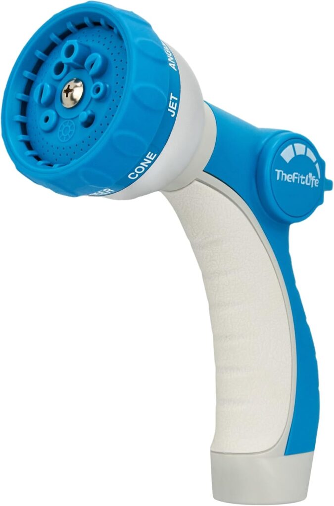TheFitLife Garden Hose Nozzle Sprayer – Integrated Water Nozzle with 8 Adjustable Watering Patterns, Leak Proof, Water-saving, Anti-slip, Easy Control for Watering Plants, Washing (Light blue)