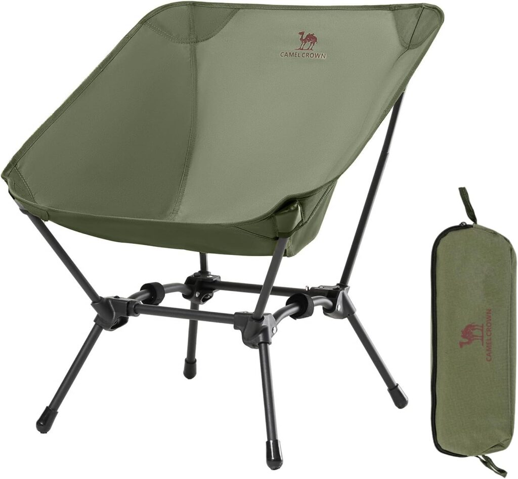CAMEL CROWN Folding Camping Chair, Lightweight Portable Compact Lawn Chair with Side Pocket for Outdoor Travel Beach Picnic Hiking Backpacking Army Green