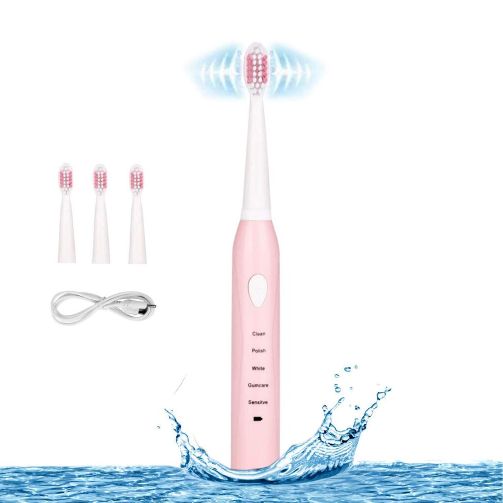 RED-NI Sonic Electric Toothbrush, 4 Free Replacement Heads Included as Gifts Ideal for Adult Children and Couples Use USB Fast Charging Waterproof Toothbrush,Model: ET201 (Pink)