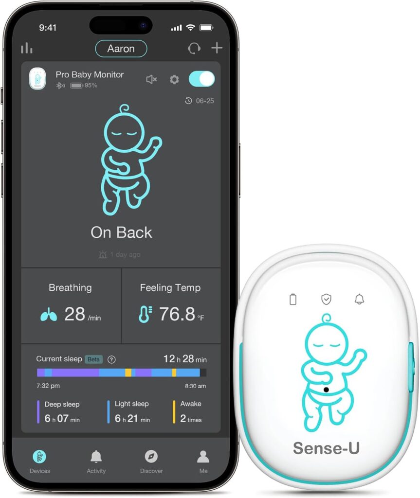 Sense-U Pro Baby Monitor – Breathing Movement, Rollover & Overheating Trackers for Better Sleep, Simple Clip-On Smart Sleep Monitor with Arousal Vibration, Audible Alerts & Sleep Analysis