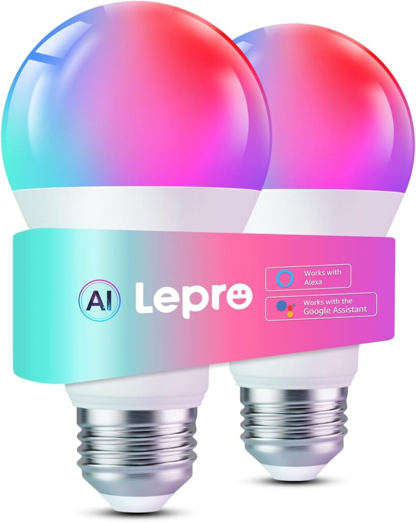 Lepro B2 AI Smart Light Bulbs – 1100LM WiFi & Bluetooth RGBWW Color Changing LED Bulb, Works with Alexa & Google Assistant, AI Generated Lighting, AI Voice Control, Music Sync, 2.4GHz Only, 2 Pack