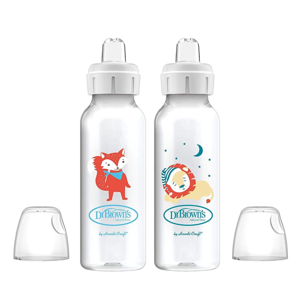 Dr. Brown’s Milestones Narrow Sippy Bottle, 100% Silicone Soft Sippy Spout, 8oz/250mL, Fox & Lion, 6m+