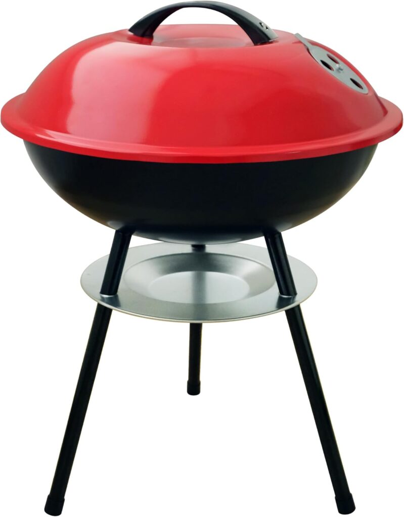 14″ Portable Charcoal Round Grill,Red Small Grills with Locking Lid and Dual Vents, Chrome Plated Travel BBQ for Backyard, Bonfire,Outdoor Cooking,Camping,Travel,Beach