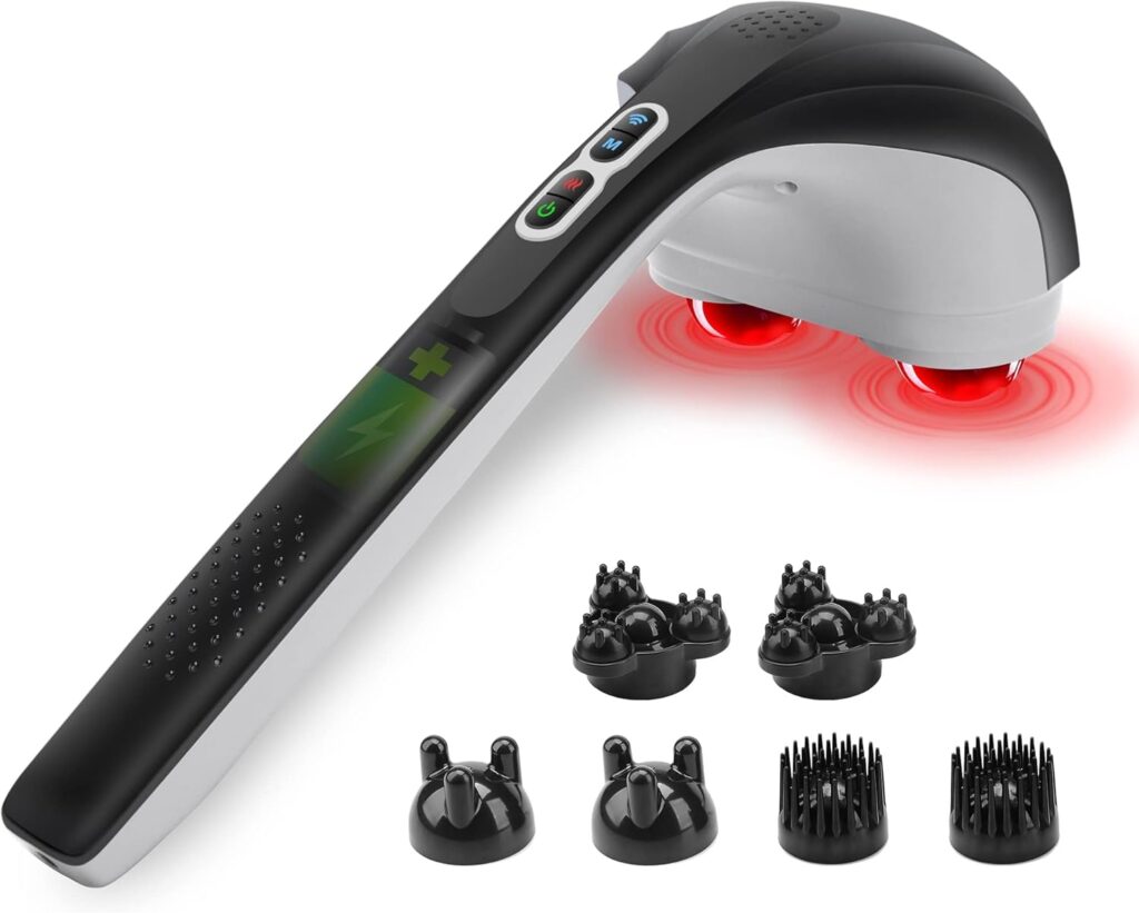 Snailax Cordless Handheld Back Massager with Heat, Deep Tissue Percussion Massager, 3 Sets of Dual Pivoting Heads,Rechargeable Hand Held Massager for Neck,Back Shoulder,Calf,Legs
