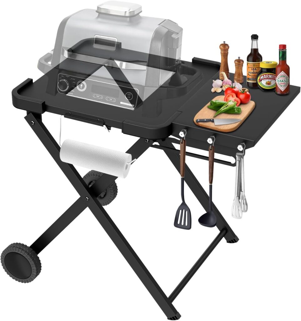 Apromise Grill Stand for Ninja Woodfire OG700/OG800/OG900 Series, Pro XL, and OO101 Pizza Oven, Compatible with Blackstone 17″ Griddle, Portable Outdoor Grill Table with Wheels & Side Shelf