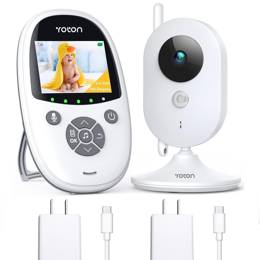 YOTON Baby Camera Monitor, Baby Monitor with Camera Night Vision, No WiFi, 1.8m USB-C Charging Cable, 2.4″ Screen, 2-Way Talk, Feeding Reminder Temperature Sensor and 8 Lullabies