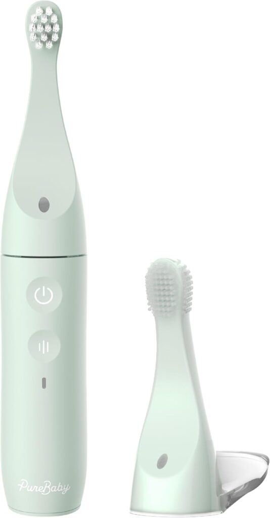 Pure Enrichment PureBaby Infant-to-Toddler Electric Toothbrush – Waterproof Baby & Toddler Toothbrush with Silicone & Bristle Heads, Sonic Vibration, & Timer – Ages 6 Mo-3 Yrs (Sage Green)