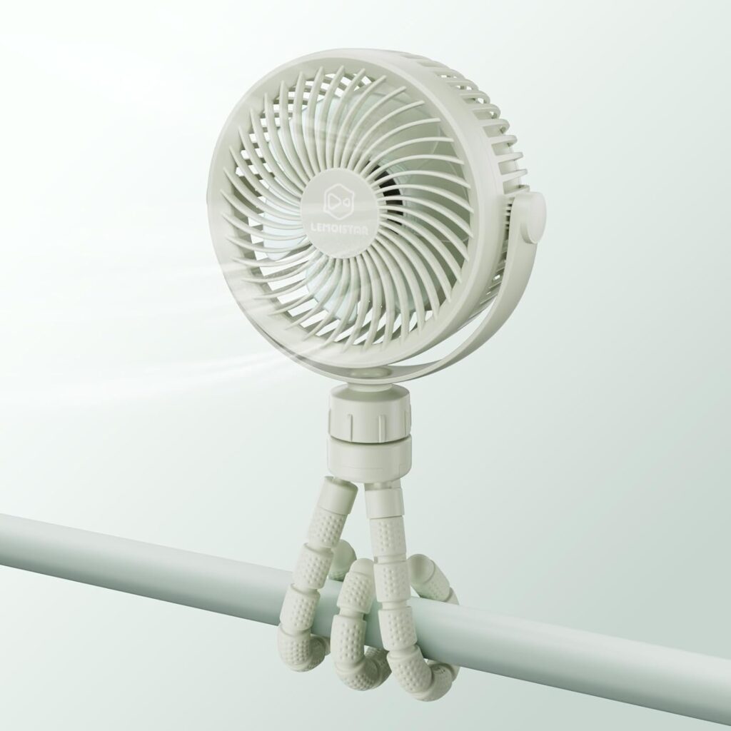 Small Battery Operated Clip-on Versatile Fan with Flexible Tripod, 5000 mAh Portable Stroller Fan, Rechargeable Desk Fans, 4 Speeds, Max 26 hours, USB Powered,360°Rotation, for Car, Camping Outage