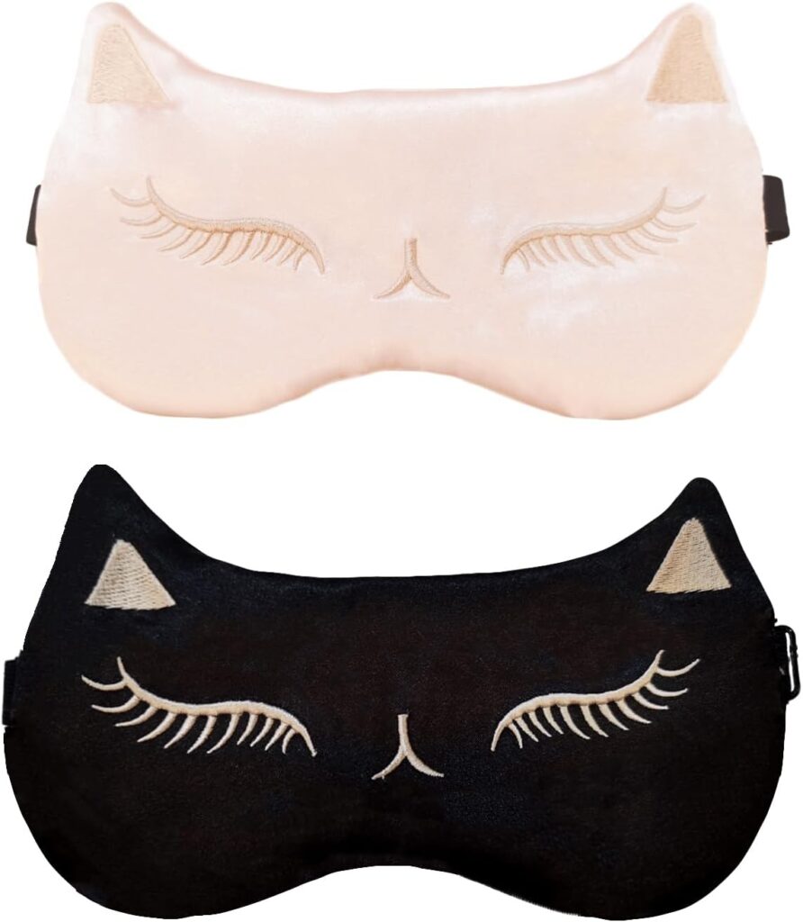 Cute Cat Sleep Mask for Kids, 2 Pack Silk Sleeping Eye Cover Adjustable Mask Night Eyeshade Cover for Girls Boys Women Men Sleep Travel Nap Party Supplies