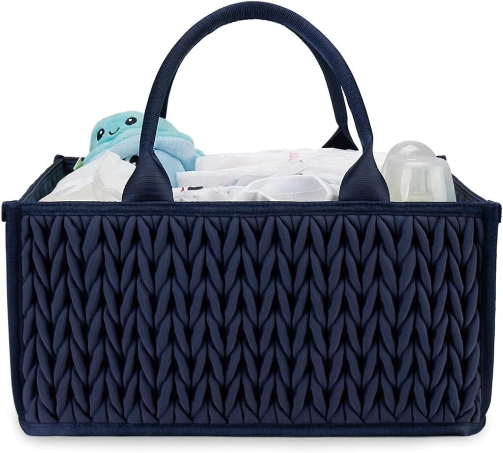 MOMIGO Baby Diaper Caddy Organizer – Fahion Mahua Water-resistent Nursery Storage Basket for Diapers and Baby Wipes, Diaper Stacker Car Organizer, newborn nursery Gift (Blue)