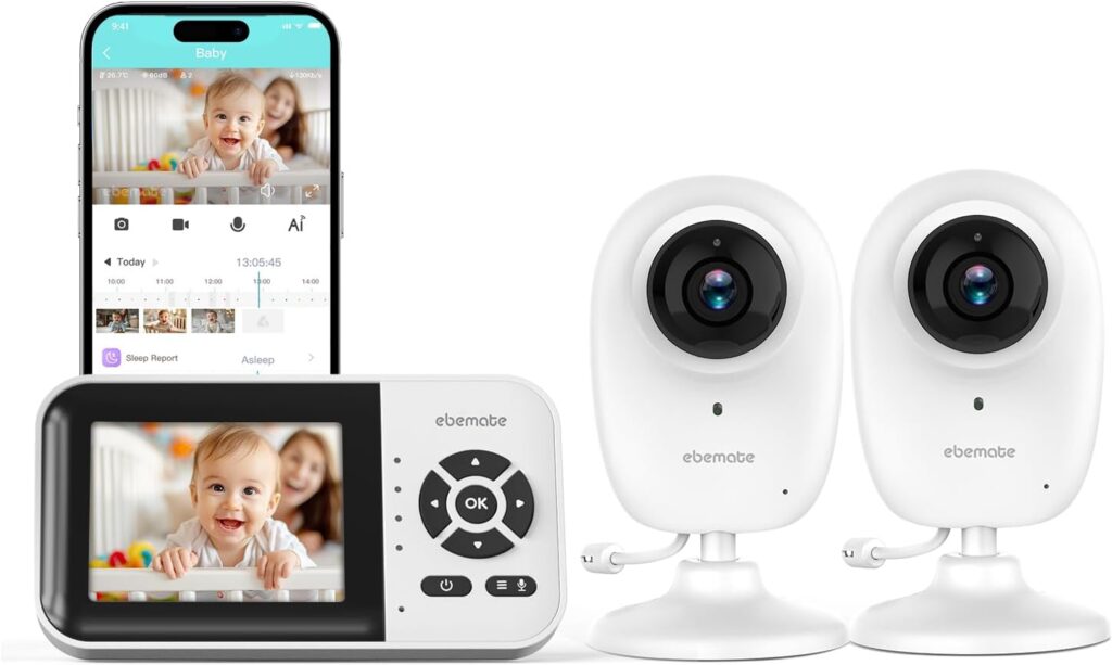 ebemate WiFi Video Baby Monitor with 2 Camera,2.8″ Display with 1500Ft Long Range,WiFi On/Off,1080P No Glow Night Vision,2-Way Talk Baby Cam Monitoring EBS28-2