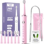 JTF Sonic Electric Toothbrush for Adults: 6 Brush Heads, Travel Bag, Tongue Scraper, 5 Brushing Modes for Teeth, Smart Timer and IPX7 Waterproof, Rechargeable Toothbrush for Deep Cleaning & Whitening