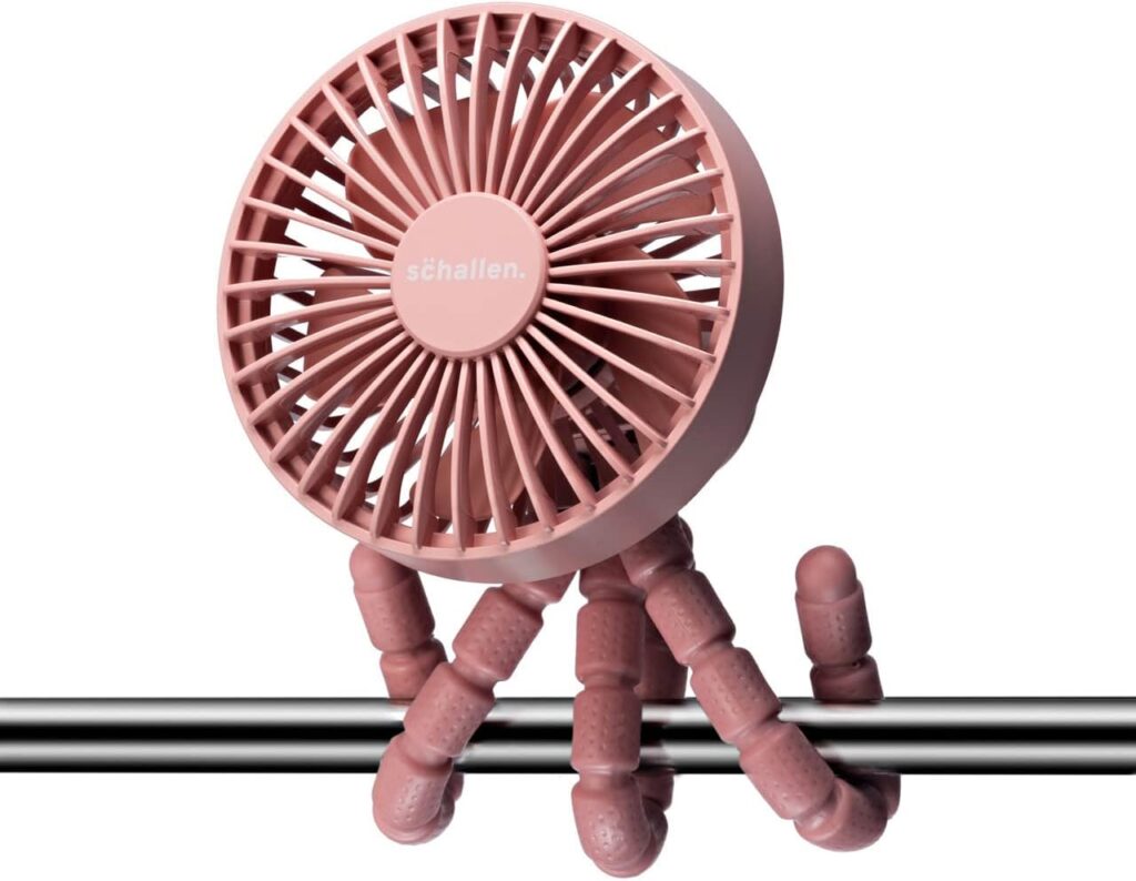 Schallen Rechargeable 4 Way Portable Lightweight Fan for Pram Fan, Car Seat, Desk, Office, Travel Fans | Clip on, Handheld, Tripod & Phone Holder (Pink)