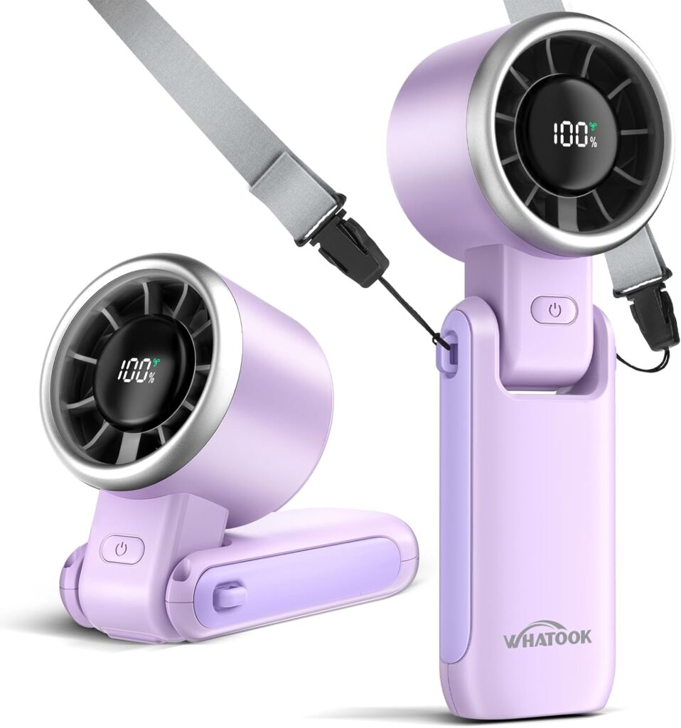 WHATOOK Portable Fan Handheld Mini Fan: Travel Fans with Air Turbo Tech, 4000mAh Battery with LED Display, 5 Gear Wind, 3 in 1 Foldable Small Hand Fans for Makeup, Outdoor, Working, Shopping (Purple)