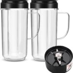 2 Pack Magic Bullet Blender Cups, Tall 22oz Cup with Flip Top To-Go Lid & 4 Fins Cross Blade Blender Replacement Parts, Replacement Cup Mug with Handle Compatible with Magic Bullet 250w MB1001