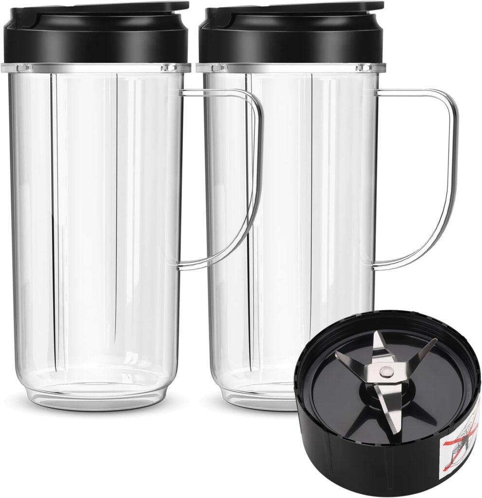 2 Pack Magic Bullet Blender Cups, Tall 22oz Cup with Flip Top To-Go Lid & 4 Fins Cross Blade Blender Replacement Parts, Replacement Cup Mug with Handle Compatible with Magic Bullet 250w MB1001