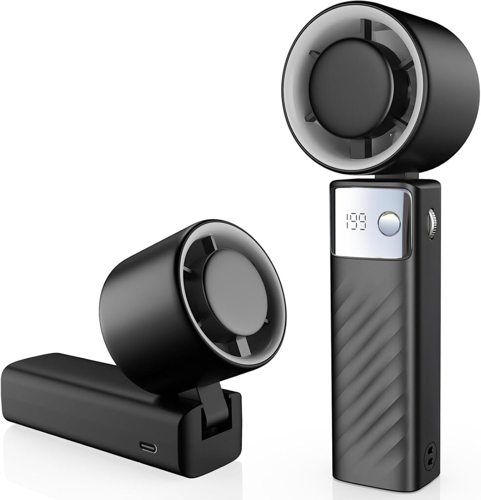 Portable Handheld Turbo Fan – Foldable Mini Fan with Air Turbo Tech, 1-199 Speed Adjustment, 20H Runtime, LED Display, Battery-Powered for Indoor/Outdoor Use, Dark Black