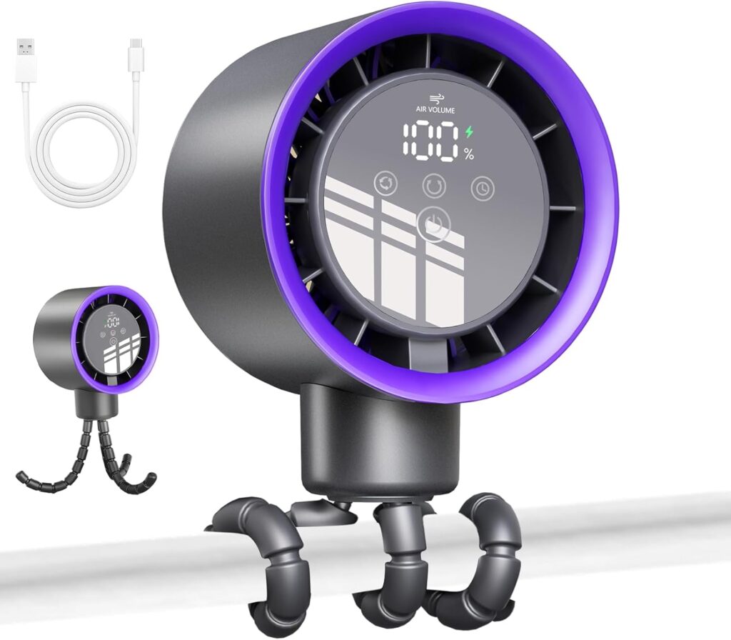 Stroller Fan with Auto Oscillation & 100 Speed Settings, 15m Airflow, 16°C Cooling Tech, 10 Hours Runtime, Touch Screen & Dependable Design for Nursery Office Travel, Gift-giving