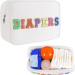 Portable Small Diaper Bag, Chenille Letter Diaper Caddy Organizer Pouch Newborn Baby Essentials Must Haves for Nursery Changing Table, White Waterproof Diaper Pail Baby Shower Gifts for Mom To Be