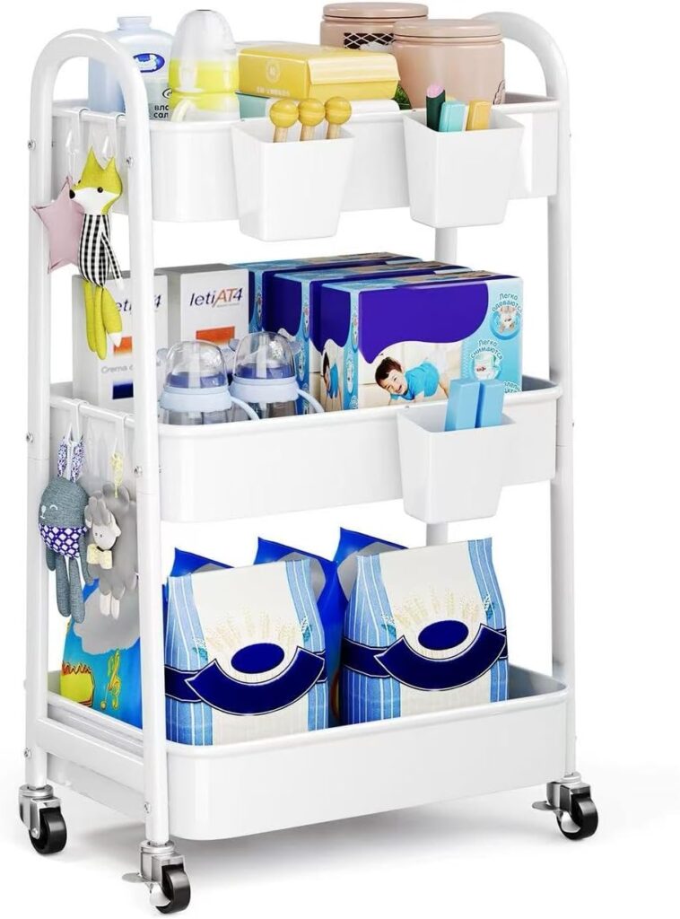 Baby Diaper Caddy, 3 Tier Rolling Baby Essentials Storage Cart with Wheels, Newborn Must Haves Stuff Organizer, White Three Tiered Utility Carts for Art, Craft, Changing Diaper Table, Nursery, Crib