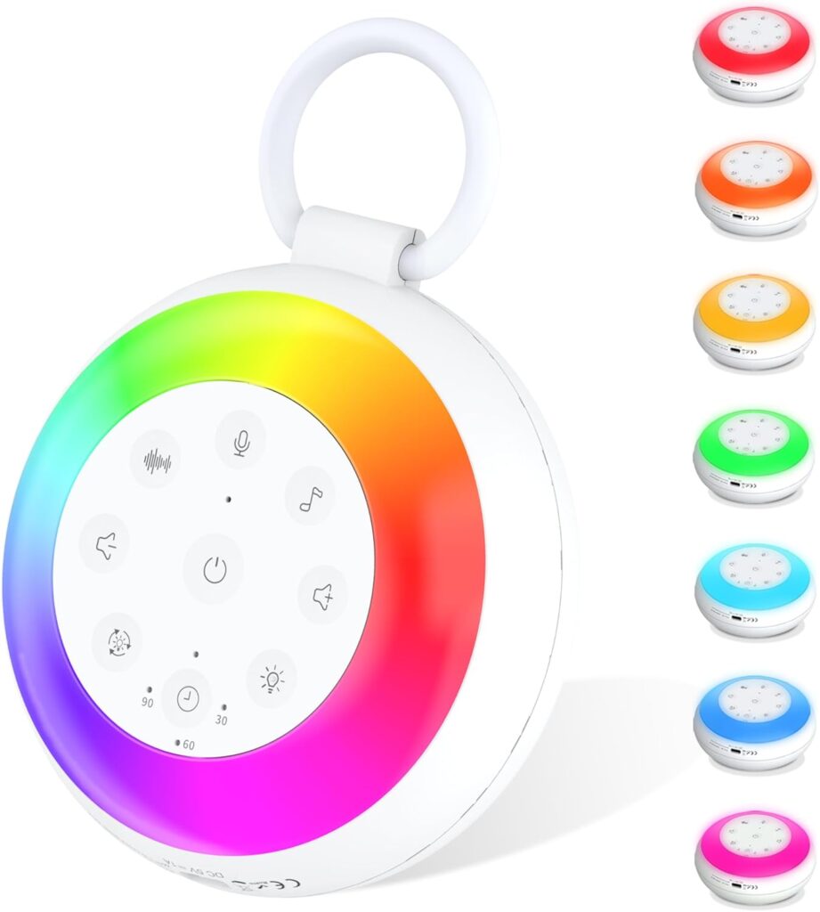 Portable White Noise Sound Machine for Baby, Kids, Adults Sleep – 24 Soothing Natural Sounds, 7 Color Night Light, Portable Wireless Bluetooth Speaker for Home, Travel, Nursery, Office