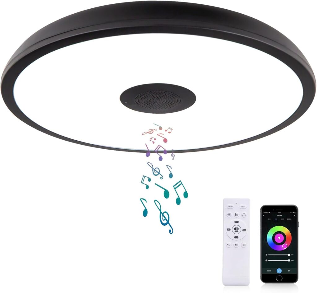 Black Smart Waterproof LED Flush Mount Ceiling Light Fixture,18W,with Bluetooth Speaker,RGB Color Changing Function-Dimmable Lamp,Tuya Application Control-Compatible with Alexa Google Home